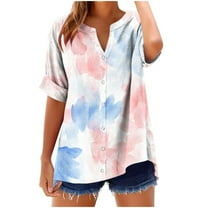 Womens Cotton Linen Tee Shirts Color Block Short Sleeve T-Shirts Baggy Boho Dressy Shirts Henley Neck Front Button Tunic Blouses Relaxed Fit Tops Summer Going Out Outfits