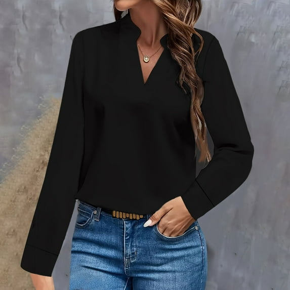 Womens Dressy Casual Shirts Long Sleeve V Neck Blouses Loose Fit Work Office Outfit Solid Color Fall Clothes (2XL, Black)
