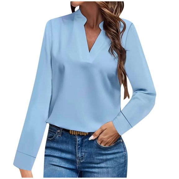 Womens Dressy Casual Shirts Long Sleeve V Neck Blouses Loose Fit Work Office Outfit Solid Color Fall Clothes (2XL, Blue)