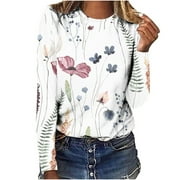 AKOEE Womens Floral Print Long Sleeve T Shirts Plus Size Tops Graphic Tee Round Neck Blouses for Spring Fall Casual S-XXXL (XL, White 04)