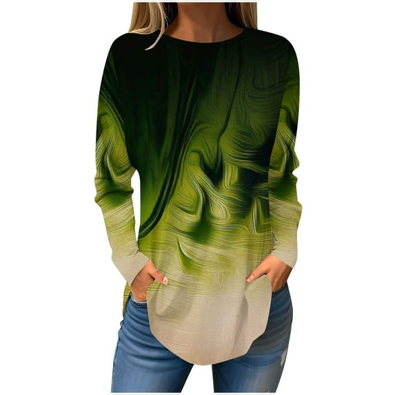 Womens Round Neck Long Sleeve Shirts Casual Gradient Color Pullover Tops Plus Size Loose Tunic T-Shirts (S, Green)