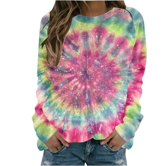 Womens Tops Casual Long Sleeve Tie Dye Pullover T-Shirts Crewneck Tee Loose Fashion Blouses (M, Green)
