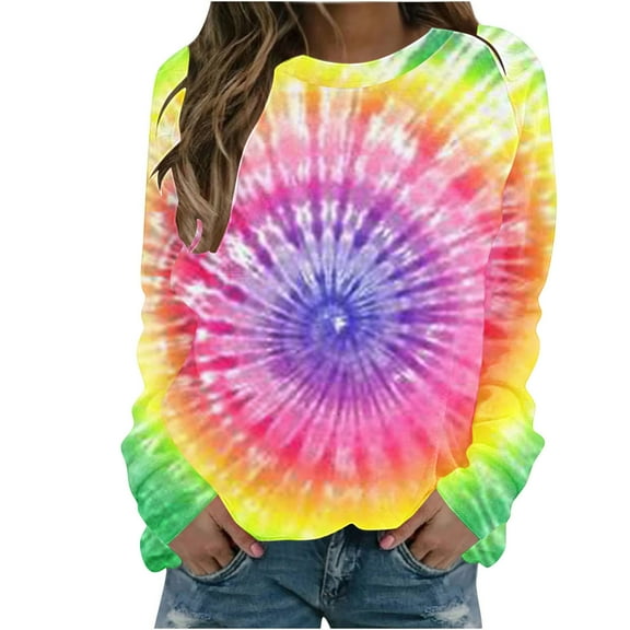 Womens Tops Casual Long Sleeve Tie Dye Pullover T-Shirts Crewneck Tee Loose Fashion Blouses (M, Yellow)