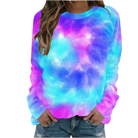 Savings Womens Tops Casual Long Sleeve Tie Dye Pullover T-Shirts Crewneck Tee Loose Fashion Blouses (XL, Blue)