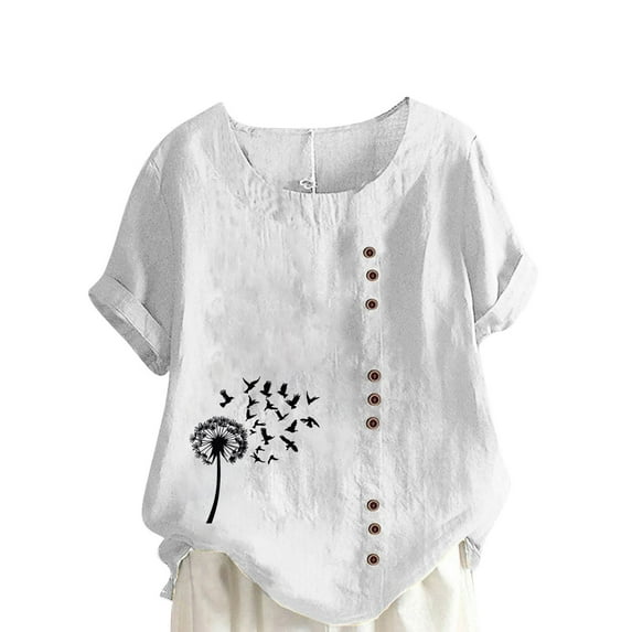 Savings Womens Vintage Linen Tee Shirts Floral Printed Tunic Blouses Plus Size Loose Fitted T Shirts Round Neck Short Sleeve Tops Front Buckle Basic Tunics Cute Dandelion Pattern Blouses Outfits