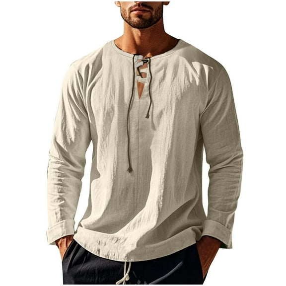 Fashion YLSDY 2025 Summer Linen Shirts for Men Casual Long Sleeve Cotton T Shirts Lace Up V Neck Tops Beach Hawaiian Shirts Beige S