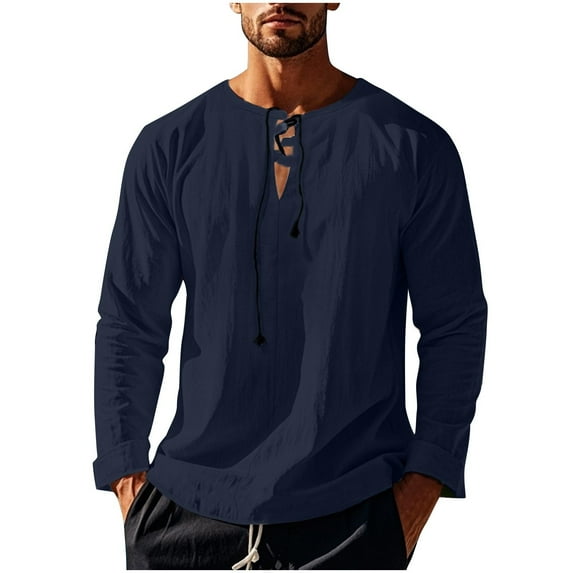 Fashion YLSDY 2025 Summer Linen Shirts for Men Casual Long Sleeve Cotton T Shirts Lace Up V Neck Tops Beach Hawaiian Shirts Navy M