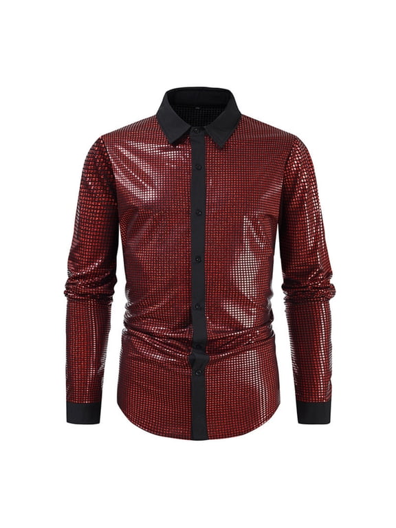 Fashion YLSDY 70s Disco Shirt for Men Metallic Sequins Party Costumes Long Sleeve Button Down Shirts Vintage Outfits Nightclub Tops Red M