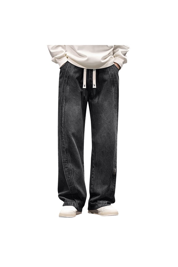 Fashion YLSDY Baggy Jeans for Men Fashion Y2k Irregular Sutures Streetwear Drawstring Waisted Straight Leg Jeans Plus Size Denim Pants Black XXXXL