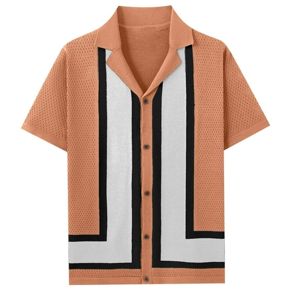 Fashion YLSDY Bowling Shirts for Men Short Sleeve Vintage Hawaiian Button Dressy Tee Shirt Retro Color Block Trendy Blouse Top Orange L