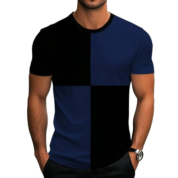 Fashion YLSDY Business Casual T-Shirt for Men Blocked Short Sleeve Top Color Matching Tees Summer Men's Shirts Going Out Shirt Blue XXXL