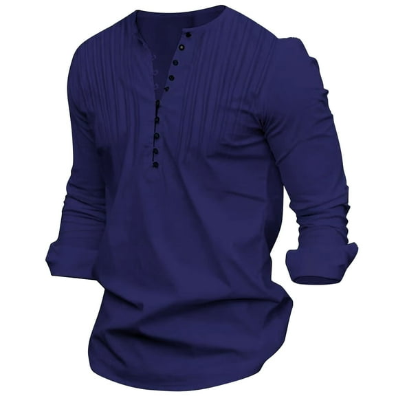 Fashion YLSDY Casual Long Sleeve Loose Shirt for Men Round Neck Button Up Solid Dressy Tee Shirts Pleated Front Trendy Tops Navy M