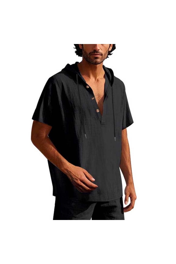 Fashion YLSDY Cotton Linen Shirts for Men Casual Button Down Hoodie Summer Beach Loose Short Sleeve Drawstring Pullover Hooded Top Black S