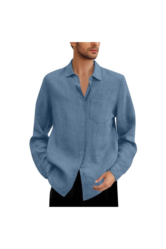 Fashion YLSDY Cotton Linen Shirts for Men Long Sleeve Button Down T Shirt Loose Fit Casual Tops Lightweight Vacation Tees Light Blue XL