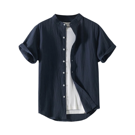 Fashion YLSDY Cotton Linen Tops Men Button Down Shirt 2025 Solid Crewneck Short Sleeve Blouse Plus Size Spring Summer Work Tshirt Dark Blue XXXXL