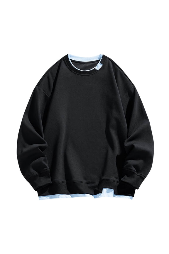 Fashion YLSDY Crewneck Sweatshirt Men Plus Size Loose Fit Lounge Sports Tops Fashion Patchwork Solid Preppy Long Sleeve Pullover Black M