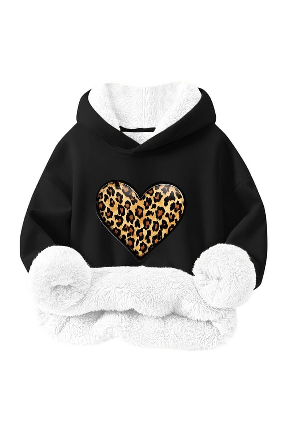 Fashion YLSDY Hoodies for Kids Long Sleeve Trendy Heart Leopard Printed Sweatshirts Fleeve Sherpa Lined Pullover Girls Winter Outfits Black 6 Years