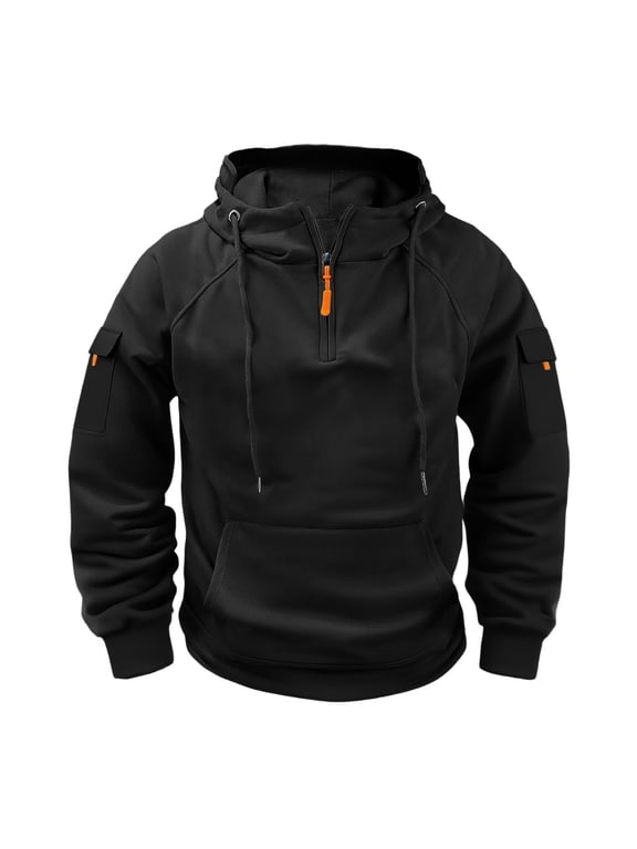 Fashion YLSDY Hoodies for Men with Zipper Trendy Multi Pockets Stylish Hoodie Sweatshirts Long Sleeve Drawstring Thick Blouses Black M