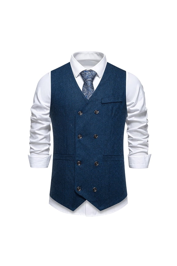 Fashion YLSDY Men Business Suit Vest Double Breasted Herringbone Waistcoat Vintage Westen Formal Vests with Pocket Blue L