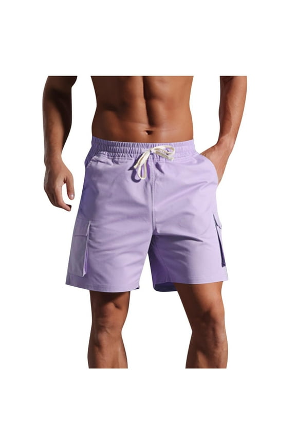 Fashion YLSDY Men Casual Cargo Shorts 2025 Summer Lightweight Fashion Solid Color Shorts with Pockets Elastic Waist Sports Shorts Purple L