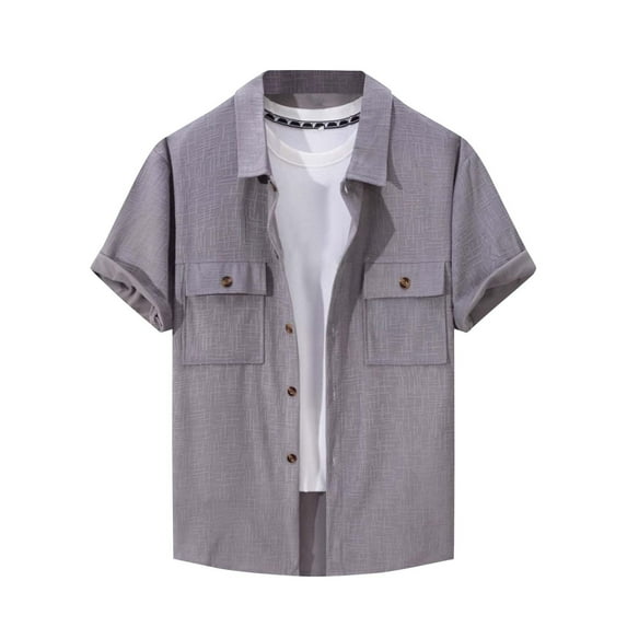 Fashion YLSDY Men Classic Solid Color Jacquard Button Down Shirts, Summer Loose Casual Short Sleeve Tops Fashion Beach Party Pockets Tees Gray M