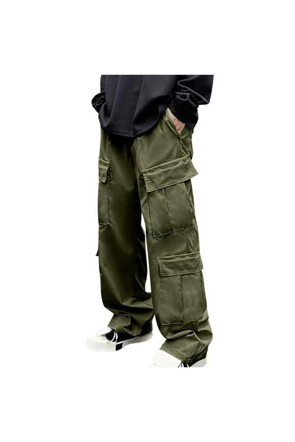 Fashion YLSDY Men's Baggy Cargo Pants Trendy Casual Loose Trousers Drawstring Wide Leg Pant Outdoor Hiking Streetwear with Pockets Army Green 12