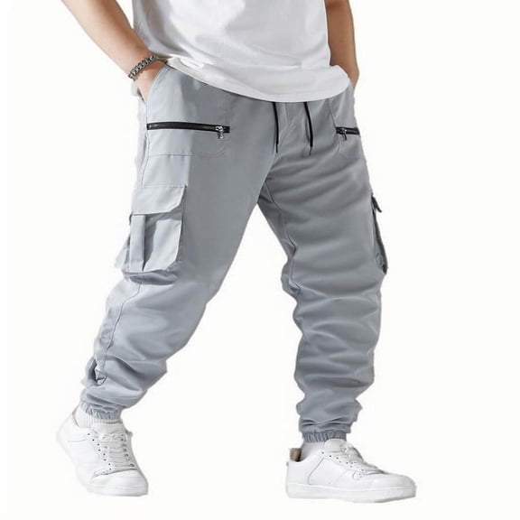 Fashion YLSDY Men's Casual Cargo Pants Elastic Waist Drawstring Joggers Pants Tapered Sweatpants for Men Multi Pockets Gray XL