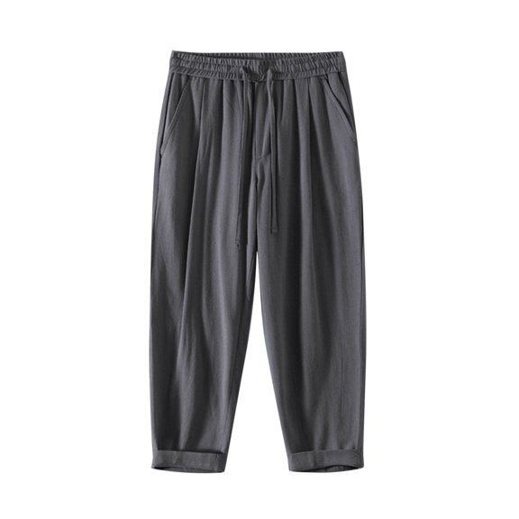 Fashion YLSDY Men's Casual Cotton Linen Pants Elastic Baggy Drawstring Waist Straight Leg Trousers Summer Vacation Beach Long Pants Gray M
