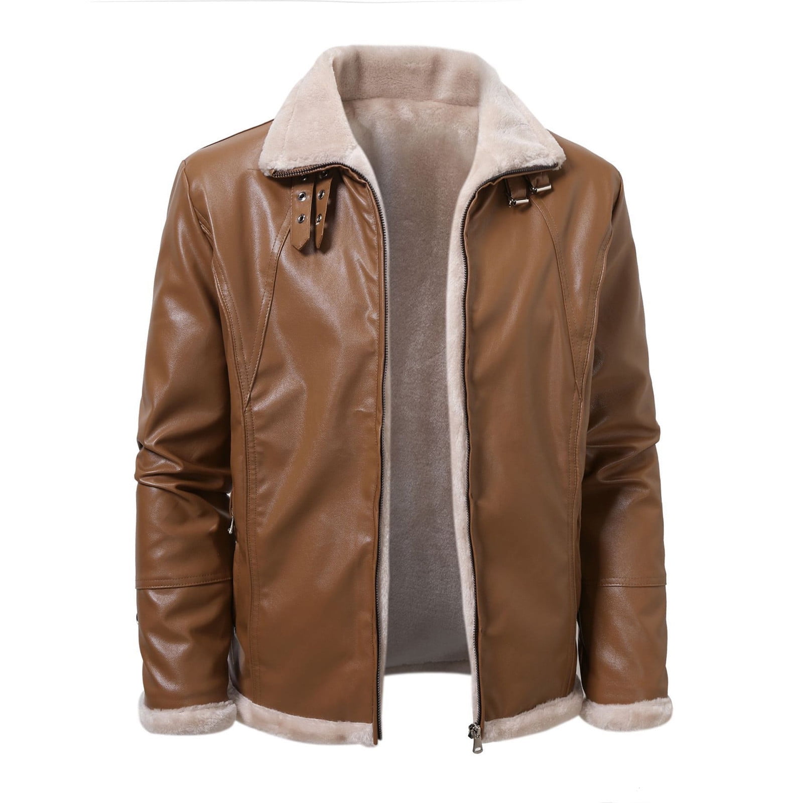 Fashion YLSDY Men's Casual Faux Leather Zip Up Long Sleeve Flight Jacket Fashion Suede Sherpa Jacket Trendy PU Coat with Pockets Khaki XL