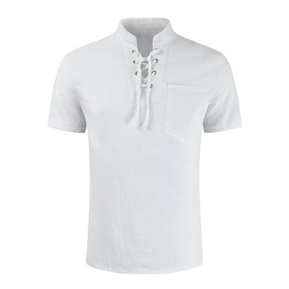 Fashion YLSDY Men's Casual Pocket Lace Up T-Shirts Short Sleeve Stand Collar Drawstring T-Shirt Solid Cotton Linen Hippie Shirt White XL