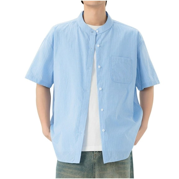 Fashion YLSDY Men's Cotton Linen Button Down Henley Shirts Crewneck Short Sleeve Summer Hawaiian Shirts with Pocket Big and Tall Light Blue XXXL