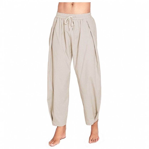 Fashion YLSDY Men's Cotton Linen Harem Pants Drawstring Casual Cropped Trousers Lightweight Loose Beach Yoga Pants with Pockets Beige S