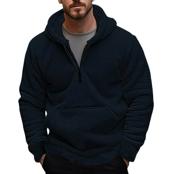 Fashion YLSDY Men's Fuzzy Sherpa Hoodies Quarter Zip Pullover Sweatshirts Long Sleeve Sport Winter Warm Hooded Outwear with Pocket Dark Blue XXXL