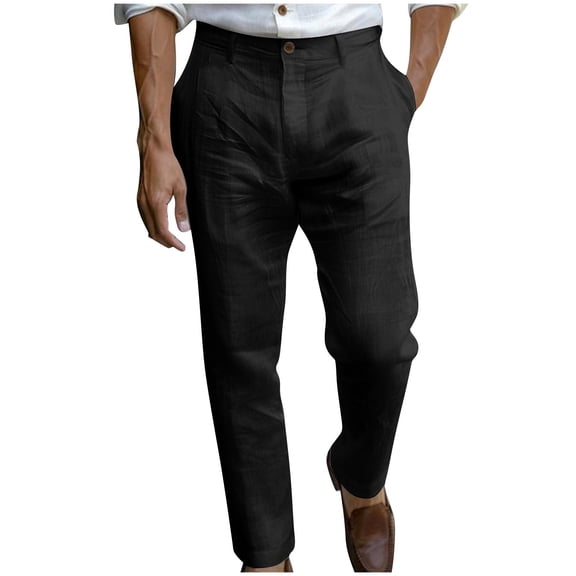 Fashion YLSDY Men's Linen Pants Flat Front Lightweight Casual Dress Pants Comfy Summer Beach Travel Lounge Trousers with Pockets Black XXXL