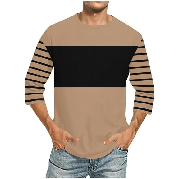 Fashion YLSDY Men's Plus Size Striped Shirts Trendy Color Block 2025 Summer Pullover Tops Casual Loose Round Neck Long Sleeve Shirt Khaki XL