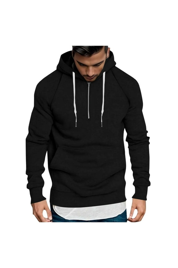 Fashion YLSDY Men's Quarter Zip Casual Sweatshirt Hoodie Lightweight Long Sleeve with Kangaroo Pocket Slim Fit Basic Pullover Black XXXL