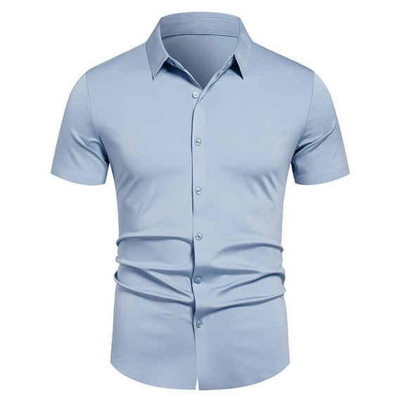 Fashion YLSDY Men's Stretch Dress Shirts Short Sleeve Wrinkle Free Casual Button Down Shirts Summer Shirt Untucked Business Shirts Light Blue XL