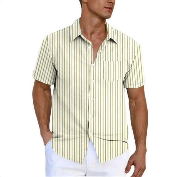 Fashion YLSDY Men's Striped Button Down Shirt - Casual Short Sleeve Regular Fit Business Dress Shirts Summer Fashion Tee Tops with Pocket Khaki XXXXL