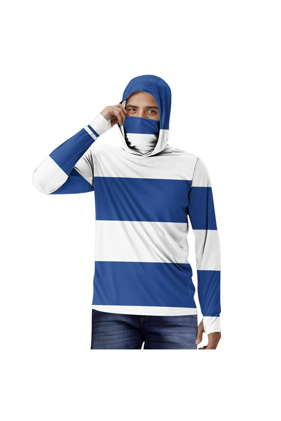 Fashion YLSDY Men's Sun Protection Hoodie Shirt with Face Mask Neck Gaiter Thumb Hole Striped Color Block Rash Guard Big&Tall Blue XXXXXL