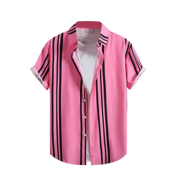 Fashion YLSDY Men's Vintage Bowling Shirts 1950s Casual Short Sleeve Button Up Contrast Shirt Summer Color Block Cuban Shirts Hot Pink S