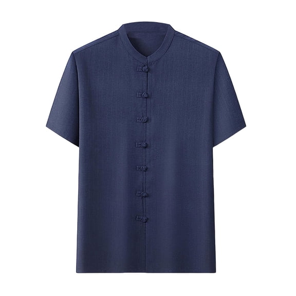 Fashion YLSDY Men's Vintage Button Down Shirt Stand Collar Short Sleeve T-Shirts Stylish with Multi Pockets Business Casual Dress Work Shirts Navy XXXL