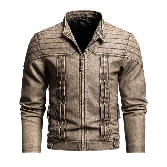 Fashion YLSDY Men's Vintage Distressed Stand Collar Leather Jacket Casual Slim Fit Motorcycle Biker Coat Faux Leather Windbreaker Brown XXL