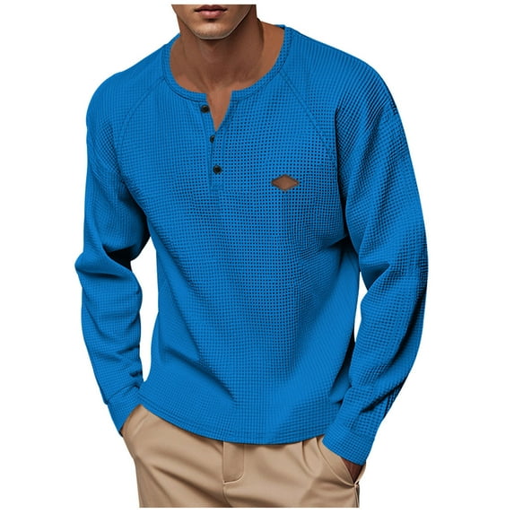 Fashion YLSDY Men's Waffle Long Sleeve Shirt Henley Shirt for Men Fall Fashion Casual Crew Neck Solid Color T Shirts Blue XXXL