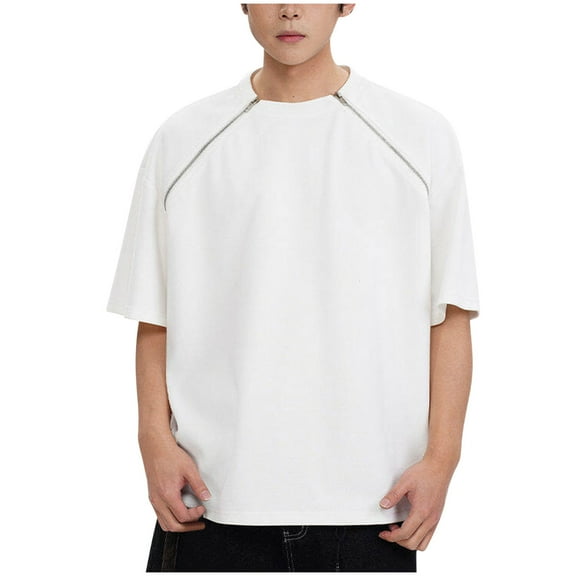 Fashion YLSDY Men's Y2K Streetwear Casual T Shirt Crewneck Raglan Zipper Short Sleeve Tee Top Solid Color Baggy Fashion Pullover White XL