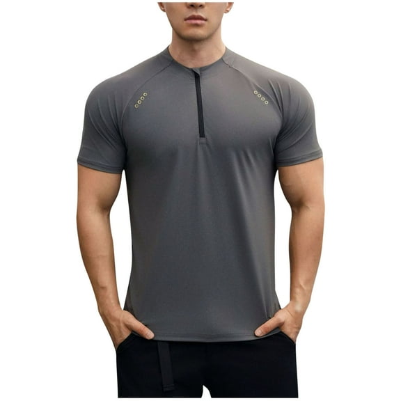 Fashion YLSDY Mens 1/4 Zip Compression T Shirt Slim Fit Gym Workout Shirts Short Sleeve Crew Neck Trendy Tees Outdoor Running Top Gray M