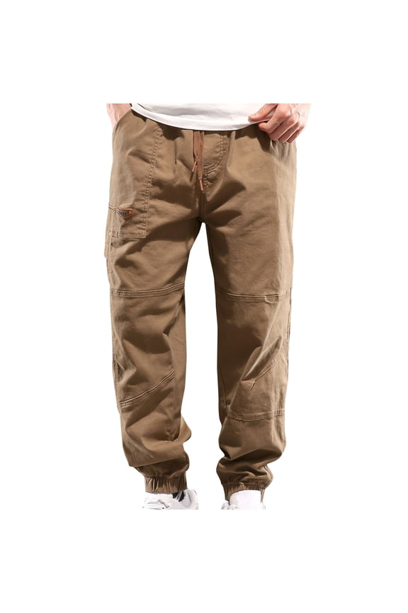 Fashion YLSDY Mens Baggy Cargo Pants Outdoors Sports Pants Drawstring Casual Loose Fit Elastic Waist Cotton Twill Cargo Pants Khaki 8