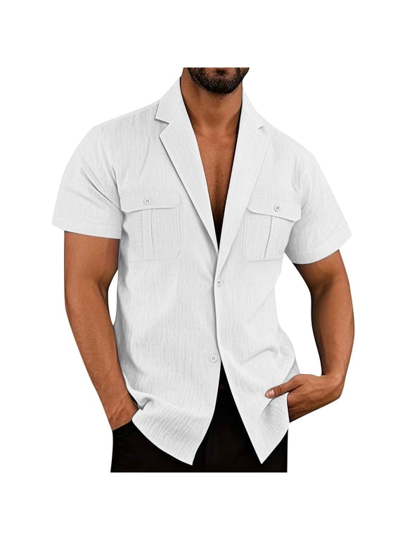 Fashion YLSDY Mens Button Down Shirts Casual Stylish Vacation Short Sleeve Pearl Snap Shirt Cowboy Untucked Camp Collared Shirts White S