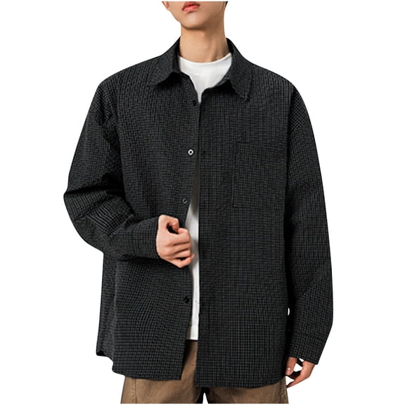 Fashion YLSDY Mens Casual Long Sleeve Blouse Shirt Solid Color Texture Button Up Dressy T-Shirts Plus Size Lapel Loose Tee Top Black M