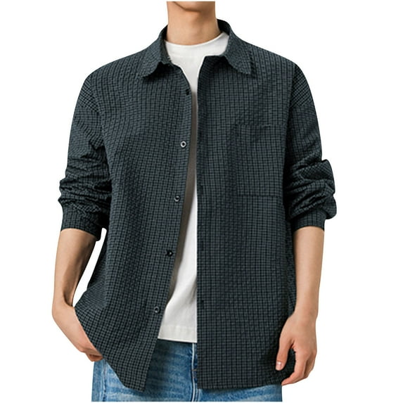 Savings YLSDY Mens Casual Long Sleeve Blouse Shirt Solid Color Texture Button Up Dressy T-Shirts Plus Size Lapel Loose Tee Top Dark Gray M