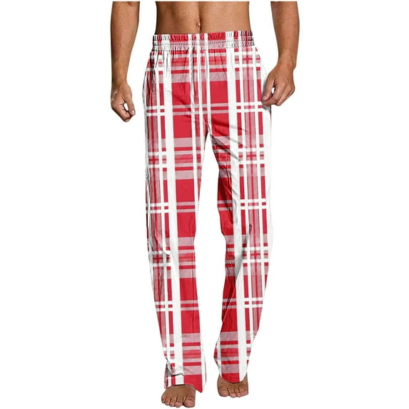 Fashion YLSDY Mens Casual Pajama Pants Trendy Plaid Home Pants Casual Fashion Plaid Printing Pj Pants Elastic Waist Holiday Trousers Red XL